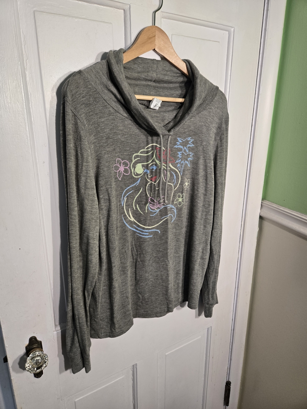 Disney Gray Long Sleeve Hooded Tee with Pastel Ariel Graphic